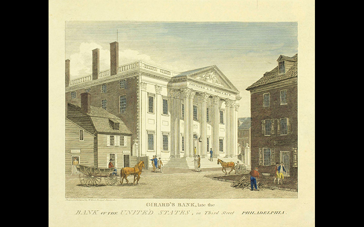 This 1830s painting titled 'Girard's Bank, late the Bank of the United States, in Third Street, Philadelphia' shows the building that housed the First Bank.