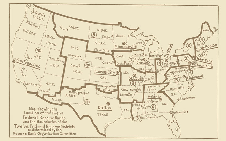 1914 map of the Federal Reserve System and District borders, from the "Decision of the Reserve Bank Organization Committee"
