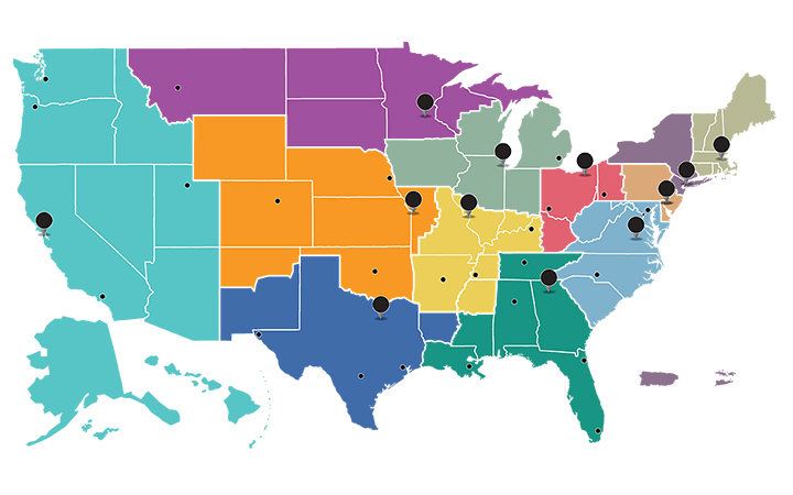 Map of the Federal Reserve System showing District boundaries, Federal Reserve Banks, and Branches.