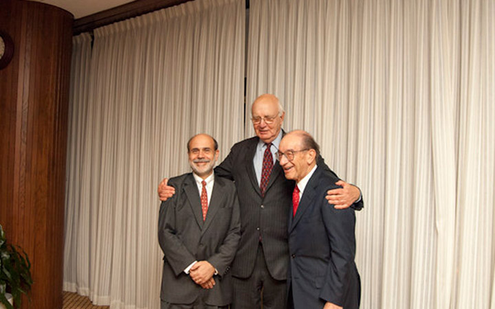 Federal Reserve Board Chairs Ben Bernanke, Paul Volcker, and Alan Greenspan.