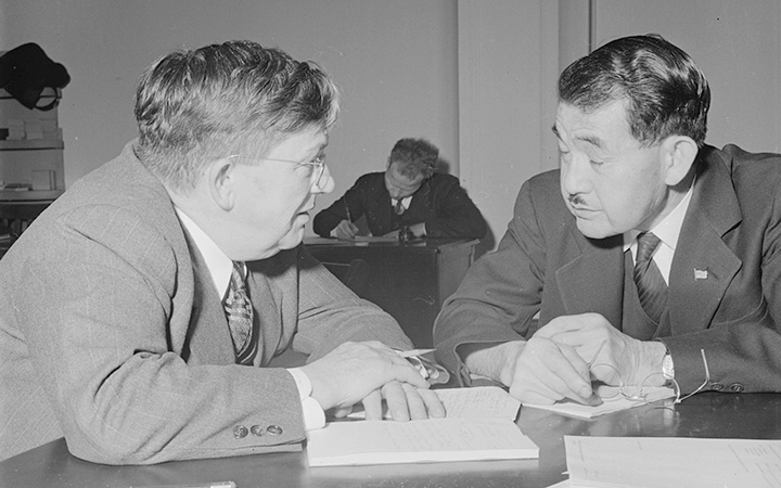 This photo was captioned "A business man of Japanese ancestry confers with a representative of the Federal Reserve Bank at Wartime Civil Control Administration station to arrange disposition of his financial affairs prior to evacuation." National Archives and Records Administration Photograph No. <a href="https://catalog.archives.gov/id/536054">210-G-A79</a>, Central Photographic File of the War Relocation Authority, 1942-1945; Record Group 210: Records of the War Relocation Authority, 1941-1989.