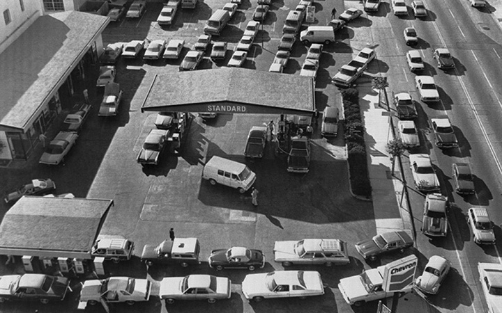 May 9, 1979: Cars line up outside a filling station on the first day of gas rationing imposed on nine California counties following the revolution in Iran that caused a shortage of crude oil.