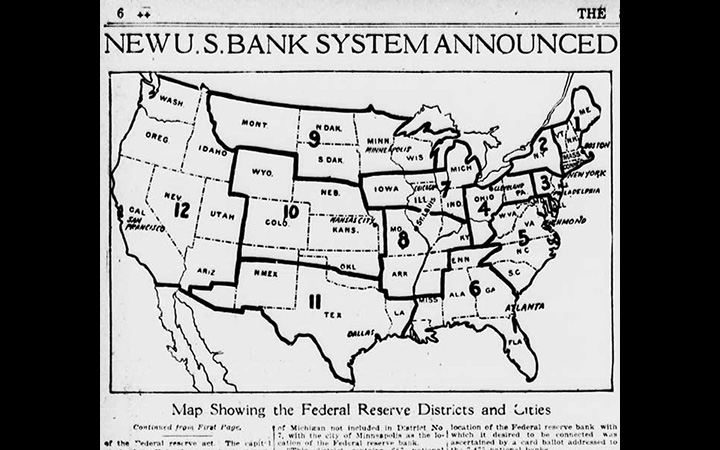 New York's <em>The Sun</em> newspaper headline declared "New U.S. Banking System Announced" on <a href="https://chroniclingamerica.loc.gov/lccn/sn83030272/1914-04-03/ed-1/seq-6/">April 3, 1914</a>