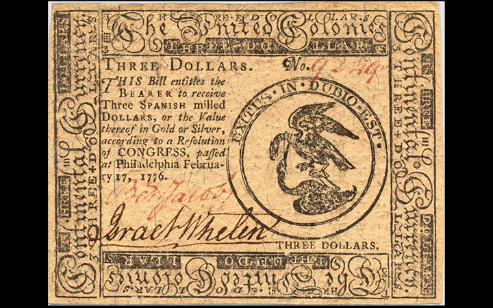 <p>A $3 continental bill, c. 1776 (via <a href="https://www.amrevmuseum.org/collection/continental-currency-3-dollars">Museum of the American Revolution</a>) </p>
