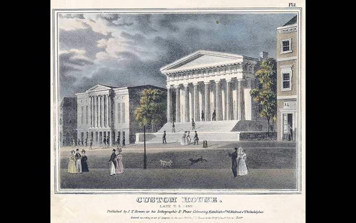 This 1840s lithograph titled 'Custom House, late U.S. Bank" shows the building that housed the Second Bank.