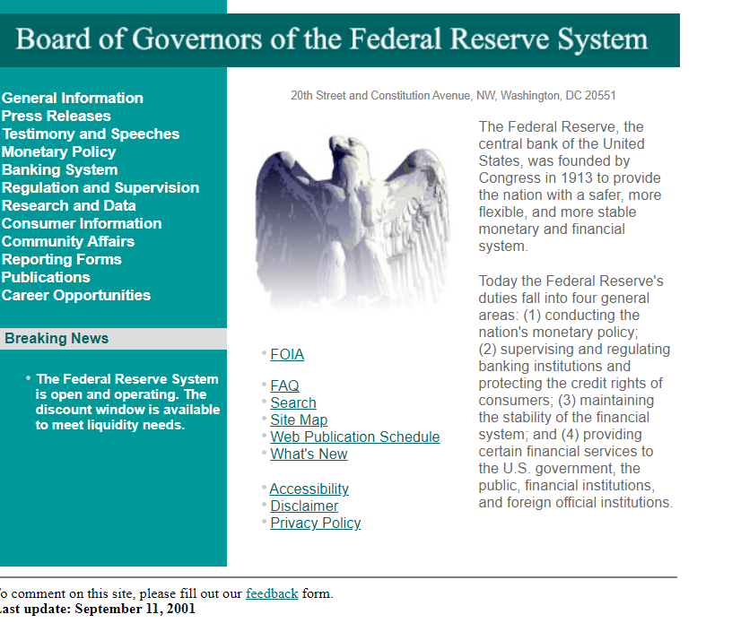 An archived snapshot of the Board of Governors' website shortly after September 11, showing the 'open and operating' statement on the homepage.