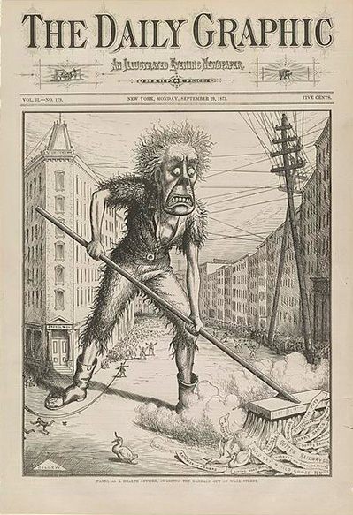 A cartoon of a giant figure named 'Panic' clearing garbage on Wall Street, 1873