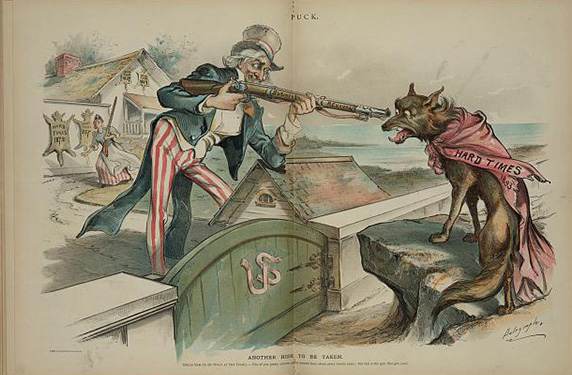 An 1893 cartoon of Uncle Sam pointing a gun at a wolf wearing a banner labeled 'hard times'