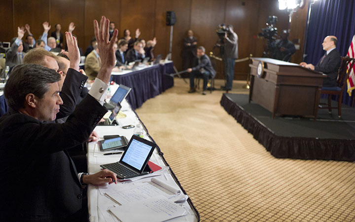 Chairman Ben Bernanke takes questions at the March 2013 FOMC Press Conference. (Source: <a href="https://www.flickr.com/photos/federalreserve/8577655358/">Board of Governors via flickr</a>)